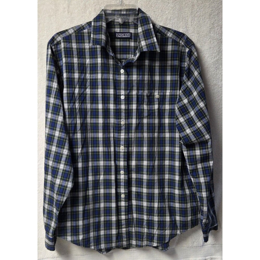 Lands' End Womens Size L 12-14 Plaid Button Up Shirt Blu White Green Long Sleeve